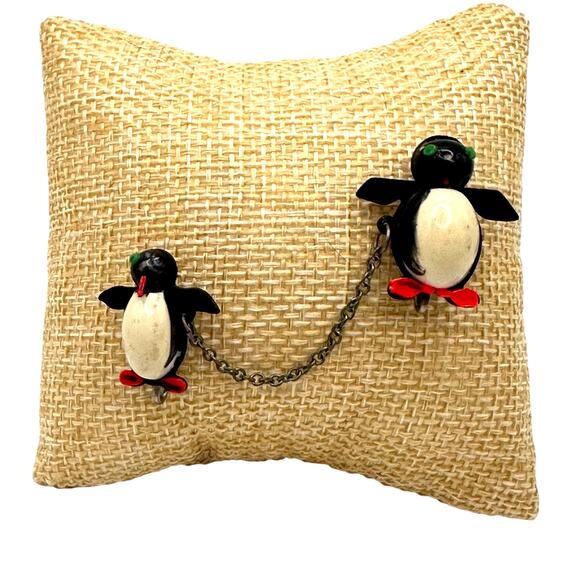 Vintage Celluloid Dual Penguin Brooch Scatter Pins Sweet but flawed - Picture 1 of 9
